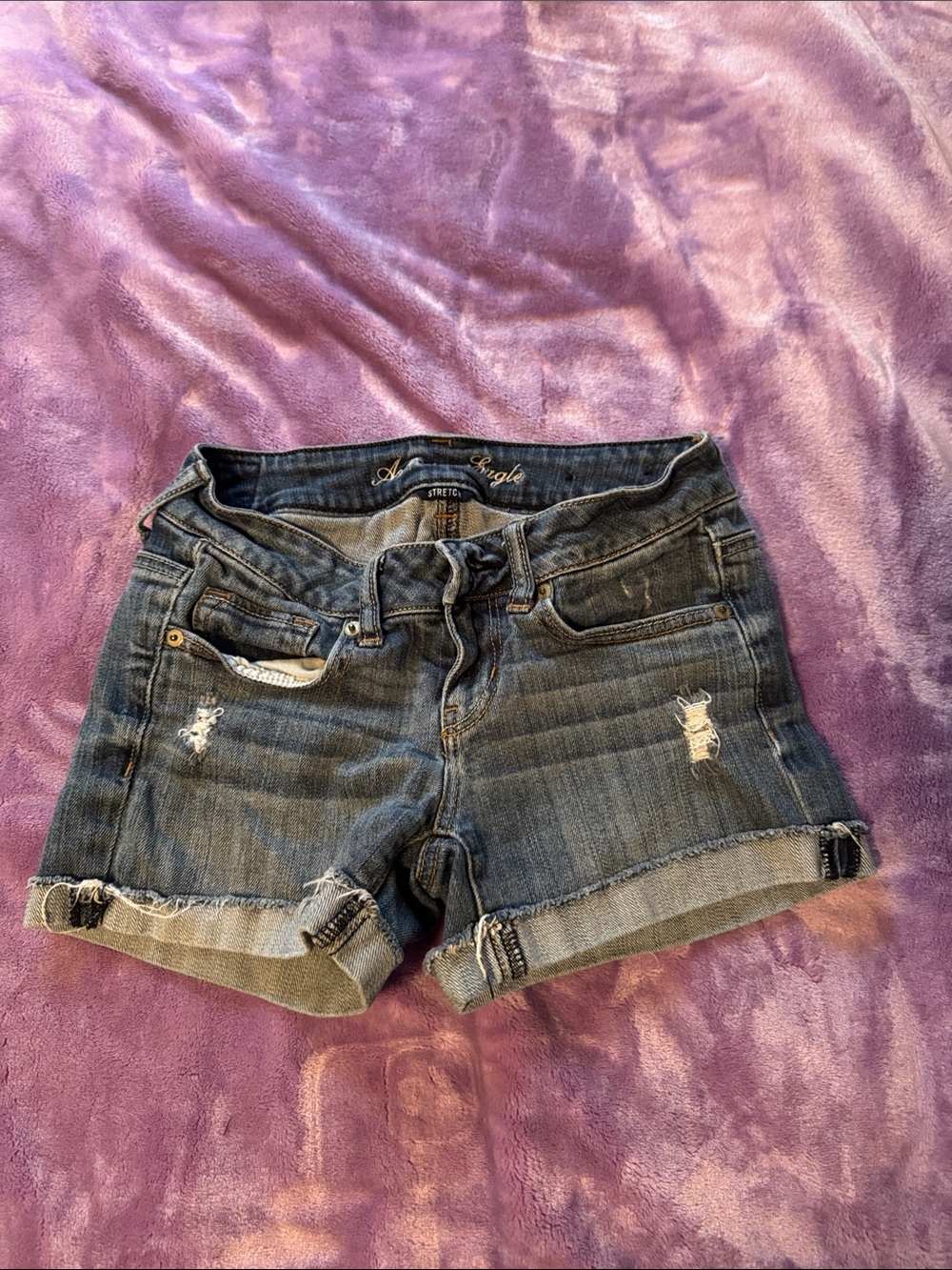 American Eagle Outfitters Dark Blue Distressed Roll-Cuff Denim Shorts